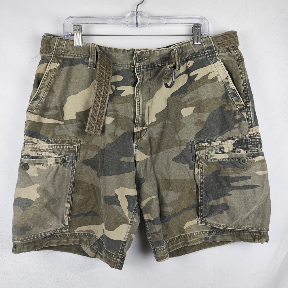 Old Navy Shorts Mens 36 Green Camo Cargo Canvas Belted Relaxed Fit Outdoor